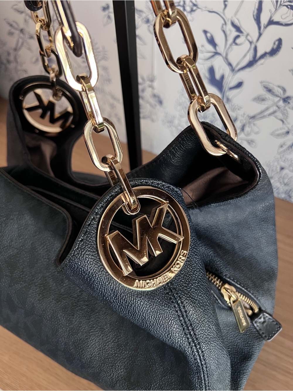 Michael Kors Black Shoulder Bag with Gold MK Pendant and Chain Strap